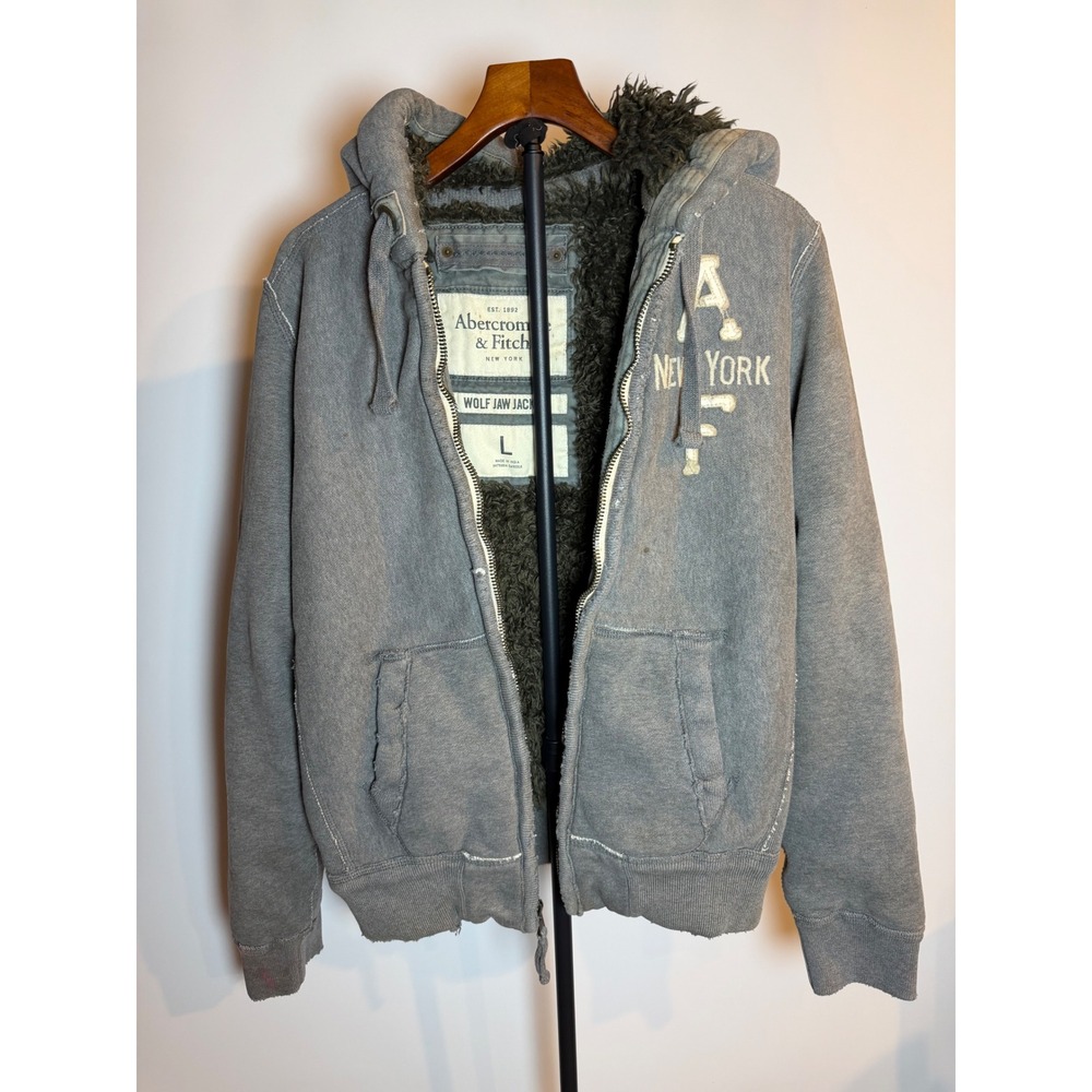 Abercrombie & Fitch Wolf Jaw Jacket Sherpa Lined Hoodie Gray Mens L Distressed